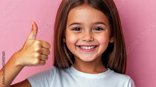 Wallpaper Mural Young girl with long brown hair is smiling and giving a thumbs up. Concept of happiness and positivity Torontodigital.ca