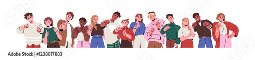 Happy people group pointing with finger, choosing, picking you. Corporate team showing, selecting with inviting gesture, choice, hiring, smiling. Flat vector illustration isolated on white background