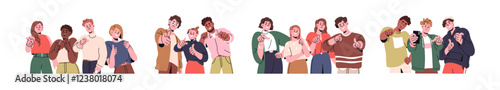People groups looking and pointing at you, set. Happy excited smiling friends, colleagues, teams showing, gesturing forward for choice, picking. Flat vector illustration isolated on white background