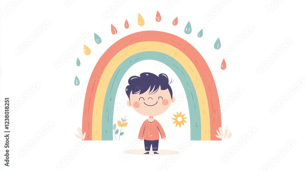 Cute cartoon rainbow with smile sun and raindrops, isolated on white Cute cartoon rainbow with smile sun and raindrops, isolated on white