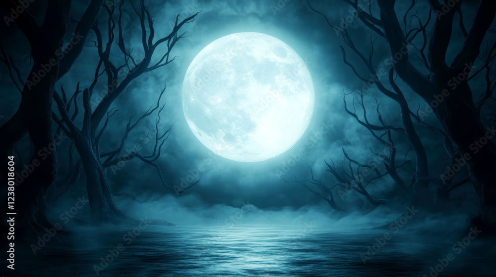 Fototapeta premium Enchanted full moon over misty haunted forest with barren trees atmospheric night scene