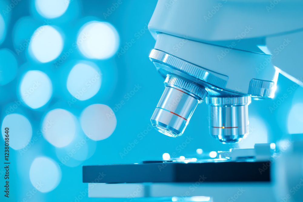 Advanced scientific microscope in laboratory with bright blue bokeh highlights innovative research equipment Advanced scientific microscope in laboratory with bright blue bokeh highlights innovative research equipment