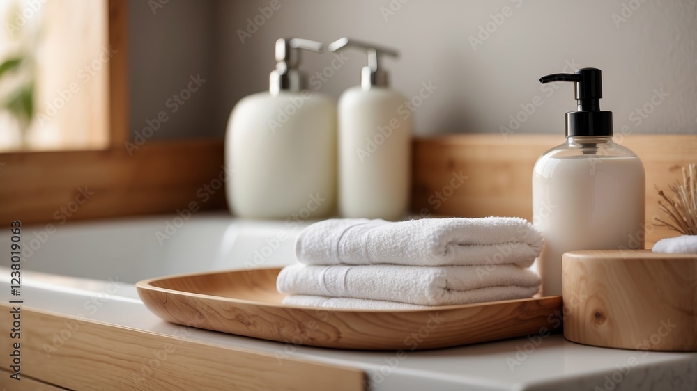 Elegant bathroom decor with neatly arranged towels and stylish toiletries in a serene setting Elegant bathroom decor with neatly arranged towels and stylish toiletries in a serene setting