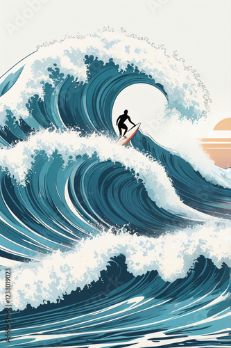 AI generative. Illustration of a surfer on blue sea wave with graphic style on white background. 6 photo