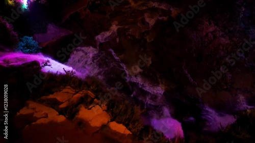 Furong Town, China, Night lights, Water fall