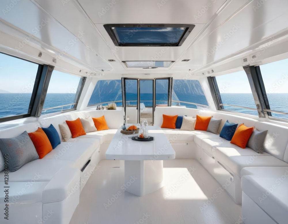 Fototapeta premium Luxurious, white sailing catamaran with a spacious interior and expansive windows , ocean, sailboat, interior