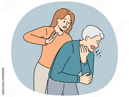 Woman performs heimlich maneuver for choking old man who needs help due to airway obstruction. Sick human choked on food and coughed standing near girl ready to do heimlich maneuver