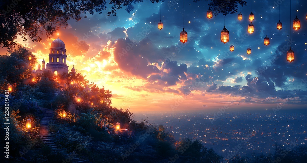 Hilltop sunset with floating lanterns and a glowing cityscape beneath a starry sky
Hilltop sunset with floating lanterns and a glowing cityscape beneath a starry sky
