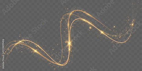 Light sparkle glitter shine glow with golden wavy light trails, glowing particles, and sparkling effects on a transparent background.