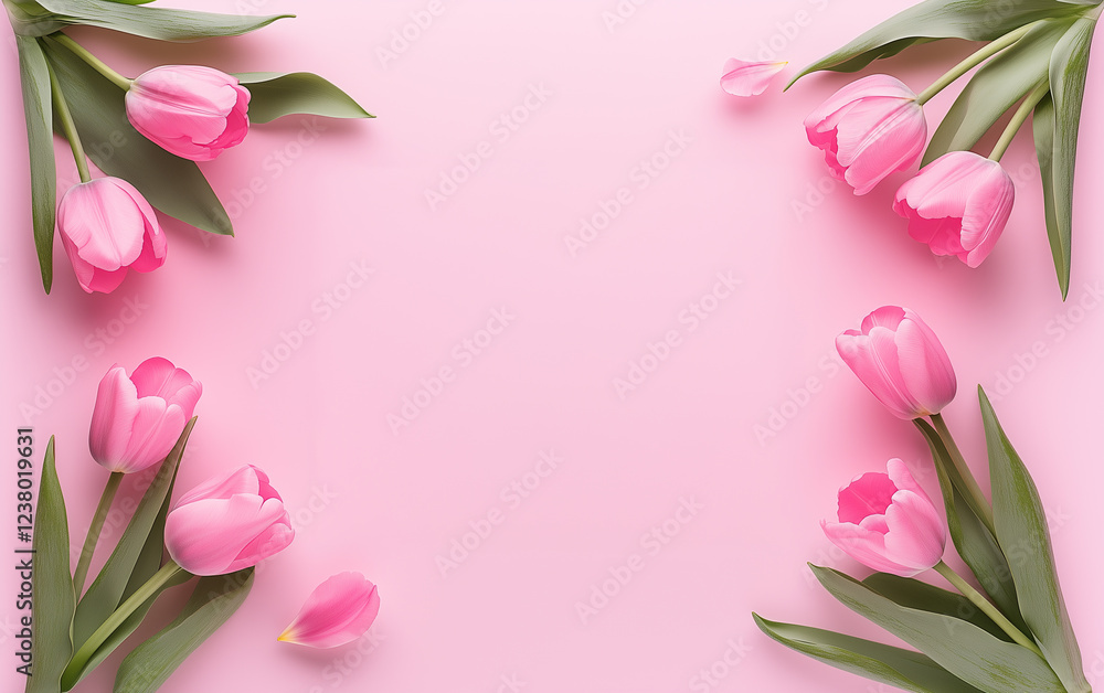 Obraz premium Flat lay of pink tulips arranged in a border on a light pastel background with copy space