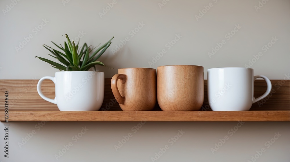 Minimalist arrangement of ceramic and wooden cups on a wooden shelf with a small potted plant in a modern interior setting Minimalist arrangement of ceramic and wooden cups on a wooden shelf with a small potted plant in a modern interior setting