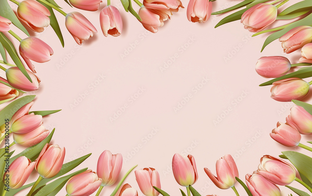 Fototapeta premium Flat lay of pink tulips arranged in a border on a light pastel background with copy space