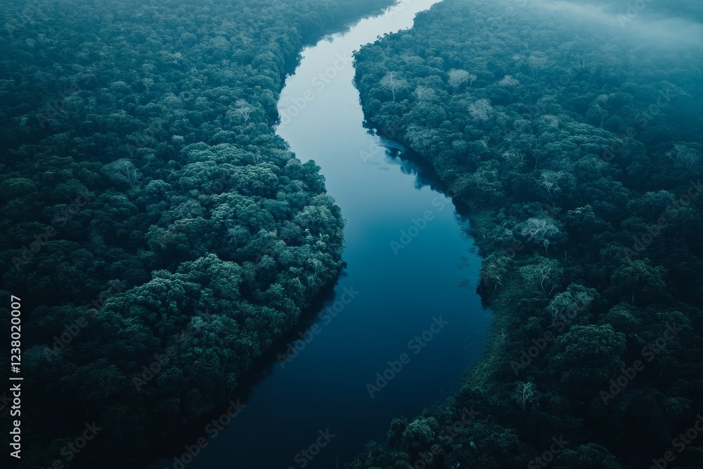 Naklejka premium Aerial view of a river winding through a lush, green rainforest.