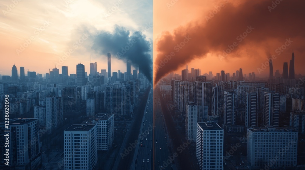 Fototapeta premium Urban Landscape Split by Pollution Effects on Health and Environment with Dramatic Sky