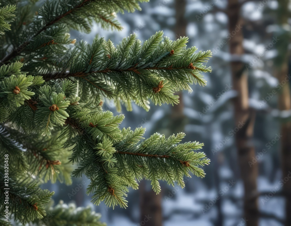 Macro shot of fir tree branches in winter forest, wintry, snowdrift, cone Macro shot of fir tree branches in winter forest, wintry, snowdrift, cone