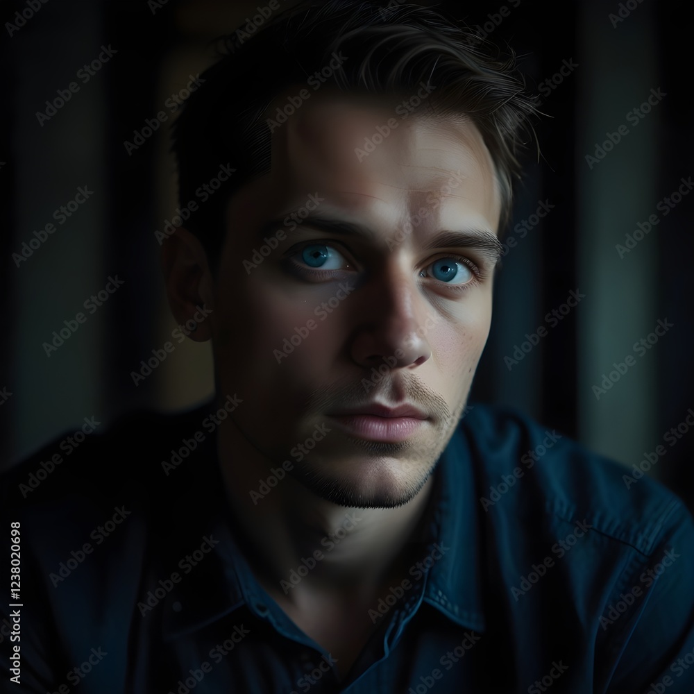 A man with piercing blue eyes and a contemplative expression, set against a moody background. His gaze is intense, and the dramatic lighting adds depth to the portrait.
A man with piercing blue eyes and a contemplative expression, set against a moody background. His gaze is intense, and the dramatic lighting adds depth to the portrait.