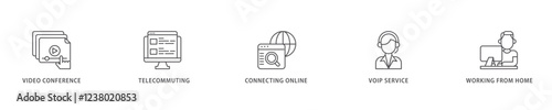 Remote working icon set flow process which consists of video conference, telecommuting, connecting online, voip, and working from home icon live stroke and easy to edit .