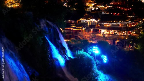 Furong Town, China, Night lights, Water fall