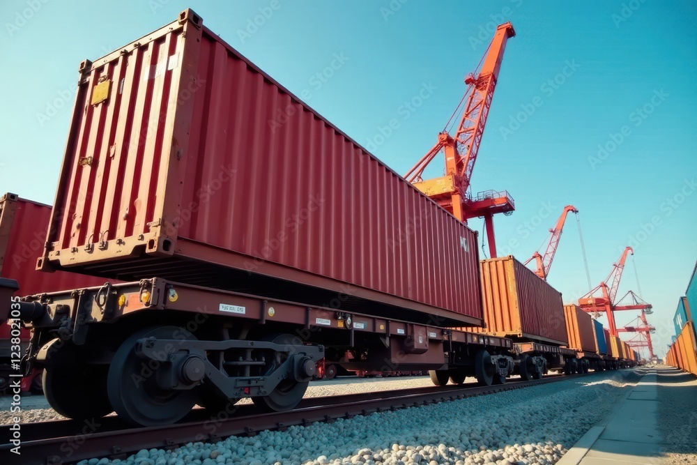Obraz premium Container hoisted onto rail car at port terminal, port, cargo