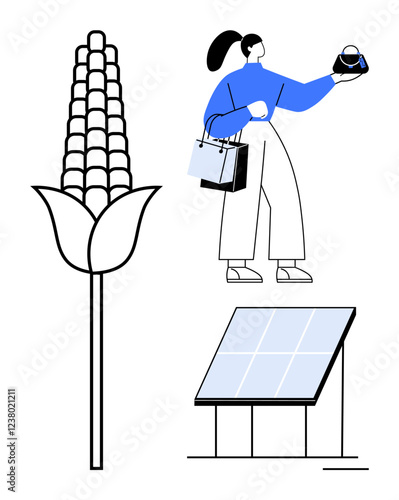 Woman carrying shopping bags and holding a globe corn plant solar panel. Ideal for sustainability, agriculture, shopping, technology, environment, renewable energy, modern lifestyle concepts