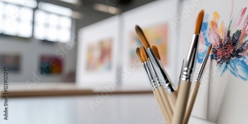 Contemporary Art Classroom Design Creative Brush Kit on Sleek Canvas Table - Visual Arts Education and Innovative School Branding for Enhanced Artistic Expression photo