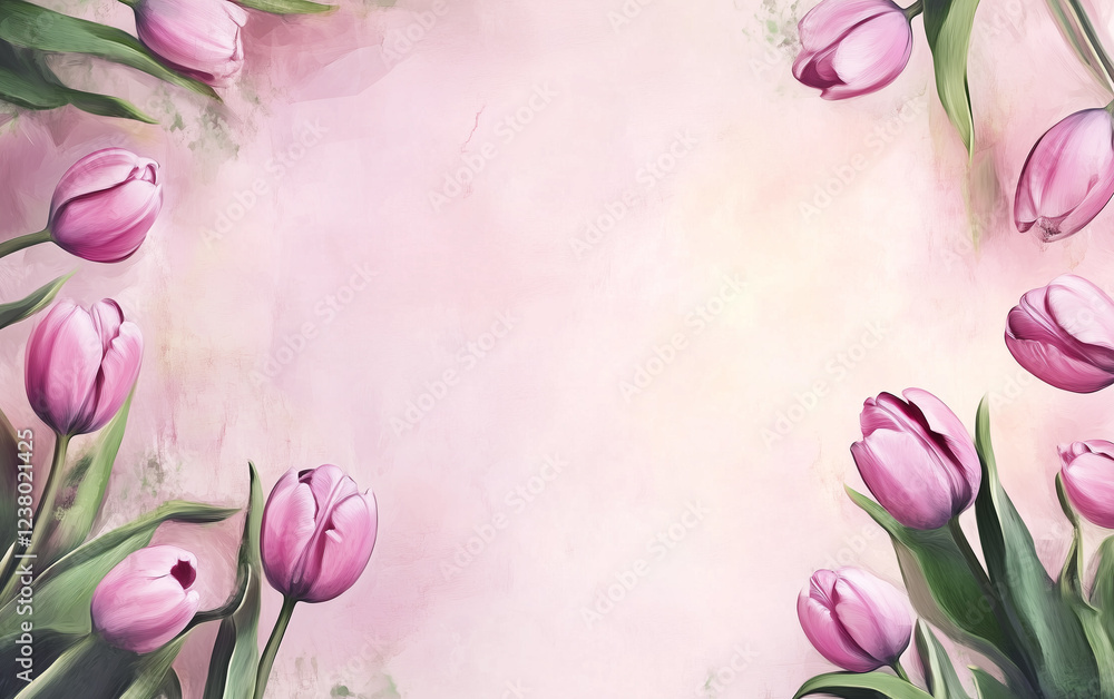 Flat lay of pink tulips arranged in a border on a light pastel background with copy space Flat lay of pink tulips arranged in a border on a light pastel background with copy space