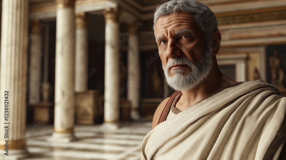 Naklejka premium Timeless wisdom of an ancient philosopher in a grand marble hall under soft sunlight illuminating classical architecture