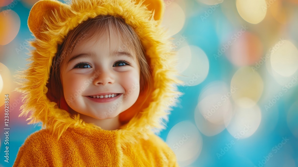 Child dressed Purim costume resembling a small, playful lion, complete with a fuzzy mane, tail, and bright yellow outfit. Child stands happily front of colorful backdrop Purim carnival festivities. Child dressed Purim costume resembling a small, playful lion, complete with a fuzzy mane, tail, and bright yellow outfit. Child stands happily front of colorful backdrop Purim carnival festivities.