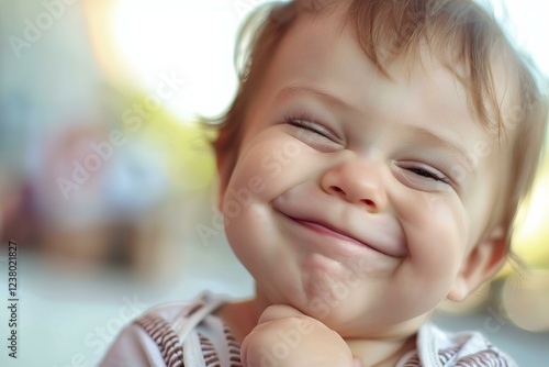 Close up of a cheerful baby making a funny face with closed eyes, expressing joy and happiness