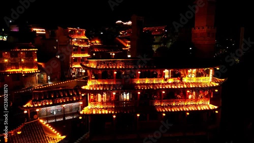 Furong Town, China, Night lights, Water fall