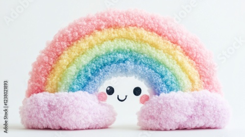 Rainbow with fluffy, candy-like cloud edges and a cute face, isolated on white