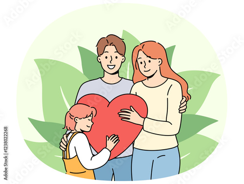 Strong family of loving parents and little pre-teen girl hold big heart. Happy spouses hug celebrating family day and rejoicing that they have become mother and father for child from orphanage.