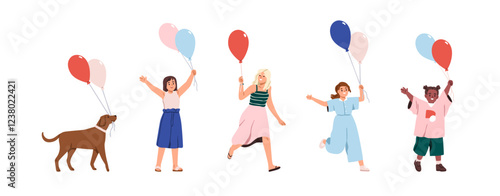 Happy kids holding air balloons, set. Cute children, dog celebrating holiday fun with festive helium baloons in hands. Joyful excited girls, pet. Flat vector illustration isolated on white background