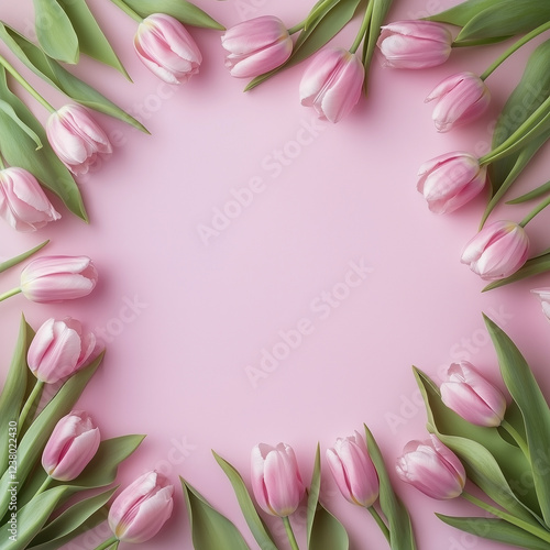 Wallpaper Mural Flat lay of pink tulips arranged in a border on a light pastel background with copy space Torontodigital.ca