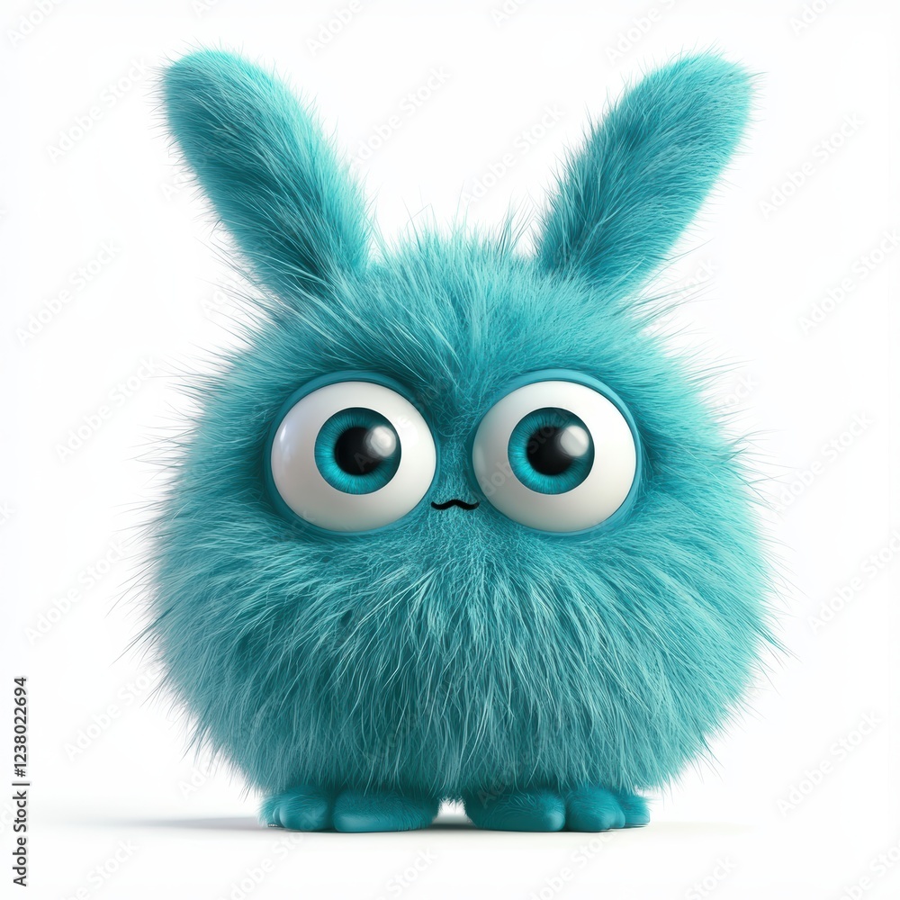 Fluffy cyan monster with long floppy ears and big round eyes, isolated on a clean white background Fluffy cyan monster with long floppy ears and big round eyes, isolated on a clean white background
