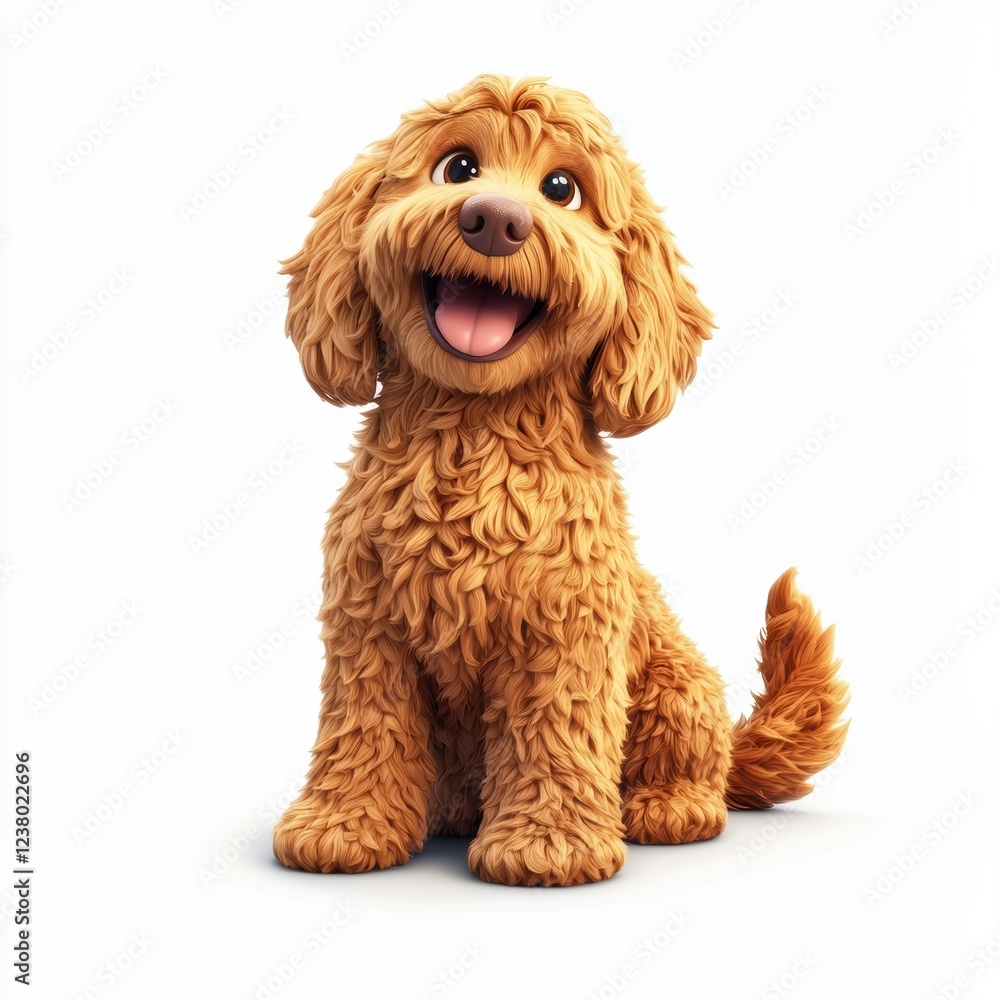 Fluffy golden doodle dog sitting happily with a wagging tail, centered on a clean white background Fluffy golden doodle dog sitting happily with a wagging tail, centered on a clean white background