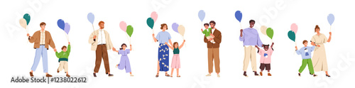 Happy families with kids holding balloons, set. Parents, mothers and fathers with children, walking with festive holiday helium baloons in hands. Flat vector illustration isolated on white background