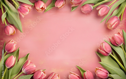 Wallpaper Mural Flat lay of pink tulips arranged in a border on a light pastel background with copy space Torontodigital.ca
