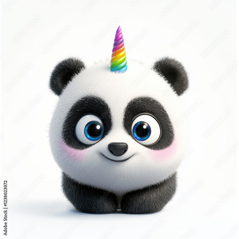 Fototapeta premium Fluffy panda-unicorn hybrid with a rainbow horn and cute big eyes, centered on a clean white background