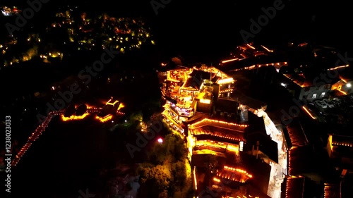 Furong Town, China, Night lights, Water fall