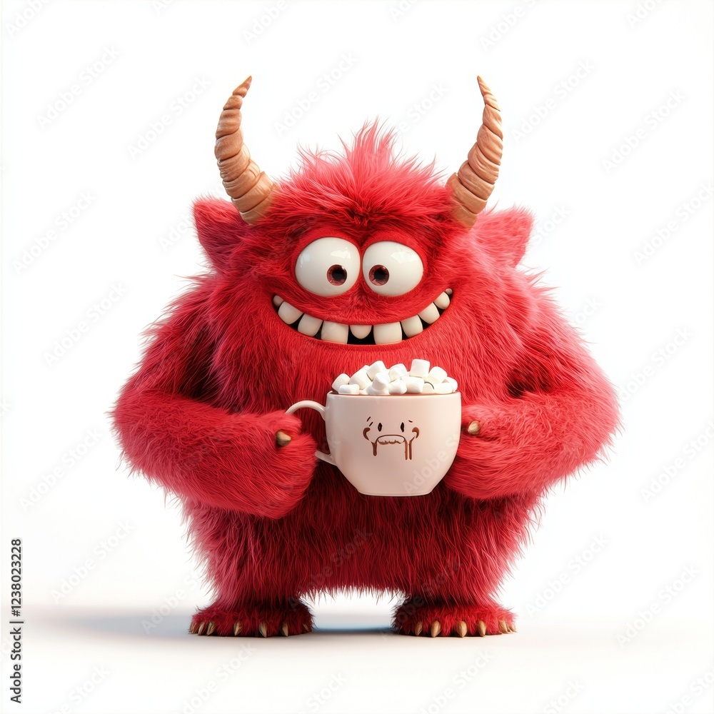 fluffy red monster with tiny horns, holding a cup of hot chocolate with marshmallows, centered on a clean white background fluffy red monster with tiny horns, holding a cup of hot chocolate with marshmallows, centered on a clean white background