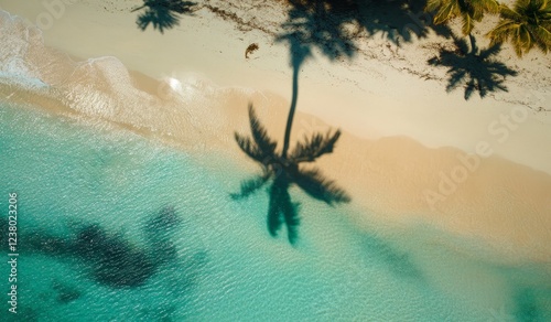 Aerial view of palm tree shadow on pristine beach and turquoise water.