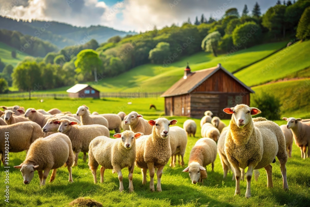 Obraz premium Idyllic countryside: a flock of sheep peacefully grazing, a perfect pastoral scene photographed.