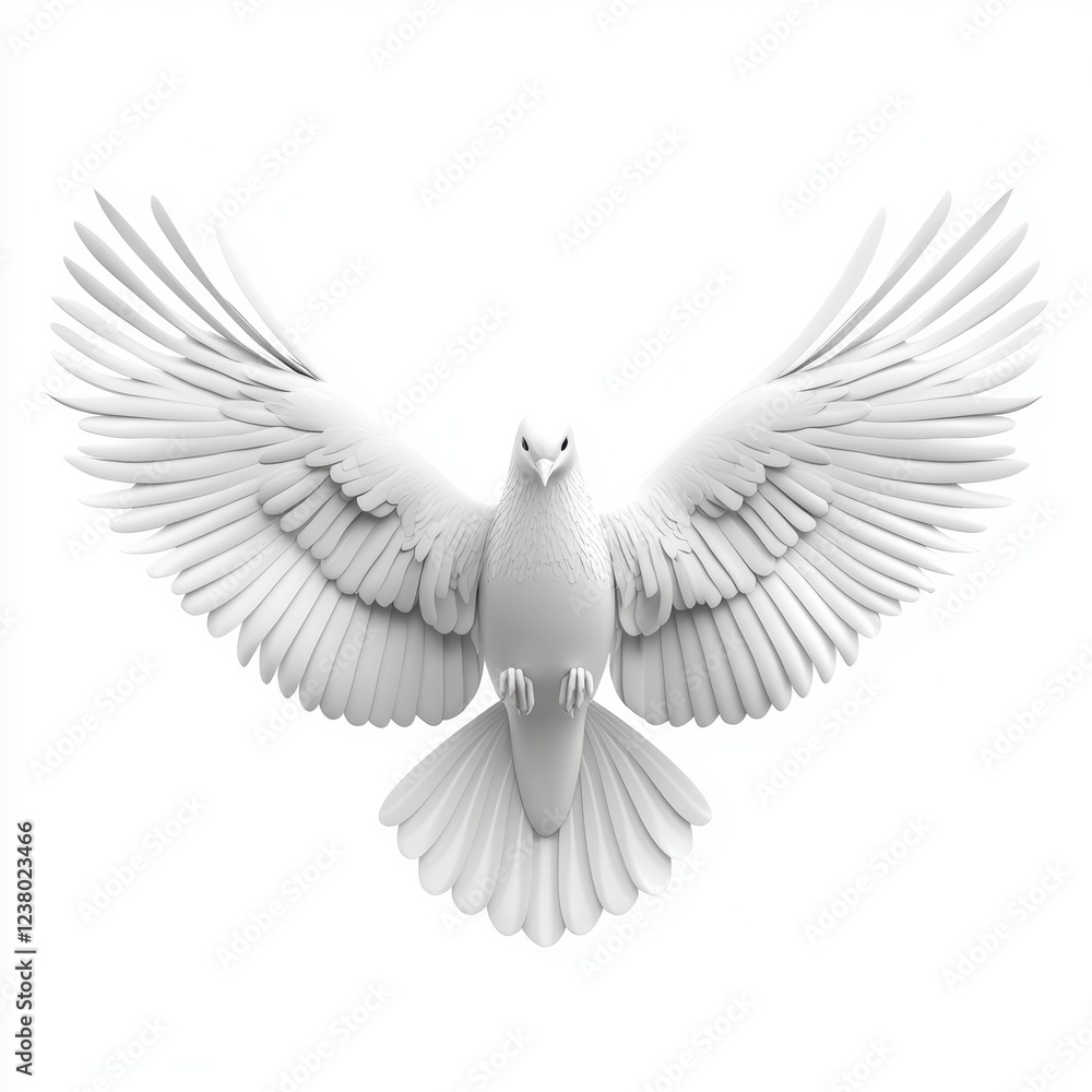 Obraz premium Fluffy white dove with outstretched wings in flight, isolated on a clean white background