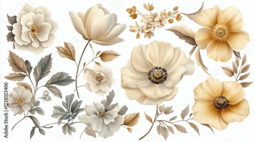 An elegant set of vintage floral PNG cut-out elements, featuring beautifully detailed flowers such as tulips, hydrangeas, and anemones, complemented by curling vines and fern-like leaves.