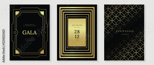 Luxury invitation card background vector. Golden elegant wavy gold line pattern on black background. Premium design illustration for wedding, vip cover template, grand opening, flyer.