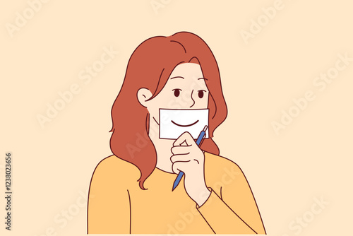 Woman shows fake smile, symbolizing happiness, by placing piece of paper with drawn mouth on face. Concept of fake happiness and desire to demonstrate success in life, hiding depressive state