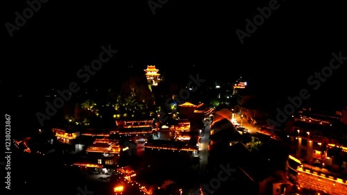 Furong Town, China, Night lights, Water fall