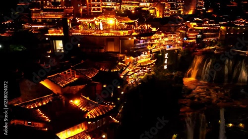 Furong Town, China, Night lights, Water fall