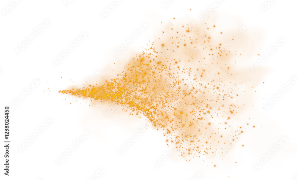 Fototapeta premium Fantastic orange smoke background. Orange spice powder explosion, spice splash, Magic smoke with glitter and small particles, fog with glowing particles, orange steam. PNG.